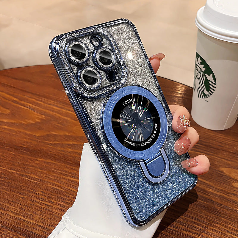 Suitable for apple 16promax electroplated glitter luxury rhinestone high-end mobile phone case iphone17 magnetic holder
