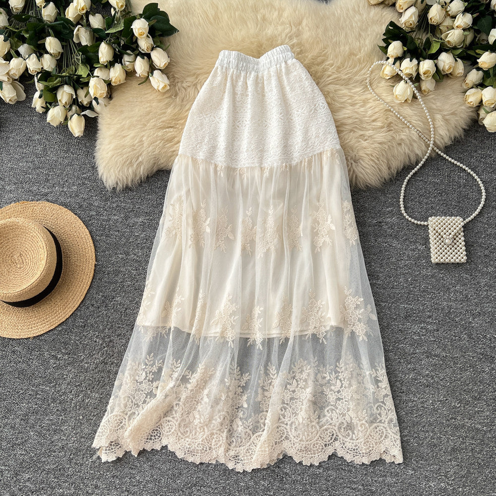 French chic embroidered lace patchwork a-line midi skirt - high waist, slimming, and versatile cake skirt