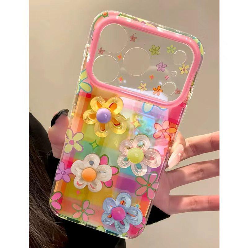 Sweet rainbow plaid 3d floral phone case for iphone 17 pro, apple 16 full coverage shockproof protective cover