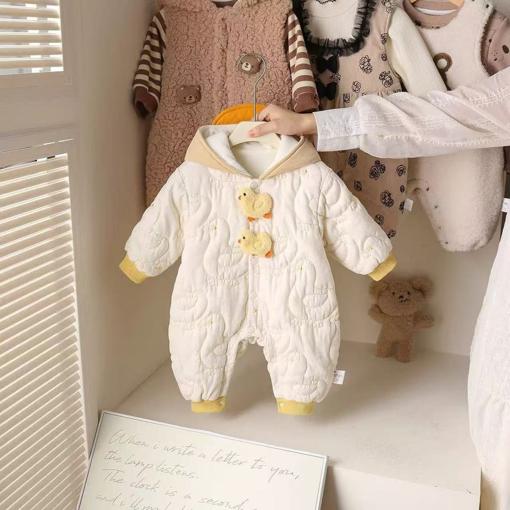 Winter baby medium-thick outwear bodysuit, warm fleece-lined romper, newborn cartoon onesie
