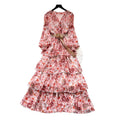 French retro floral v-neck long sleeve dress - women's summer korean style slimming ruffle tiered cake dress - romantic & chic