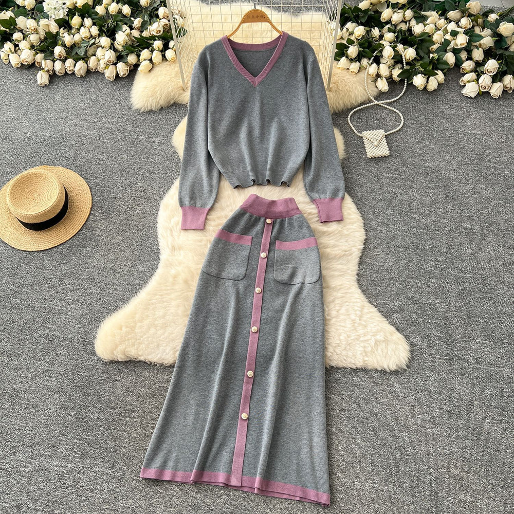 Xiaoxiangfengfashionablesuitfemaleautumclassy sense loosecontrast colorv necklong sleevesknitting shirt single breasted skirt