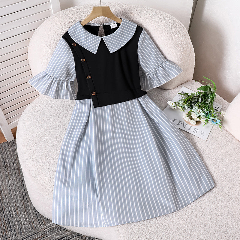 Children's clothing  spring and summer new arrival cross-border girldresscasualstripes lapel patchwork short-sleeved waist shirt skirt