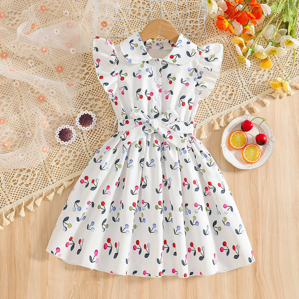 Girls' summer dress for export: white flutter sleeve, peter pan collar, cherry print, bow belt, children's princess dress