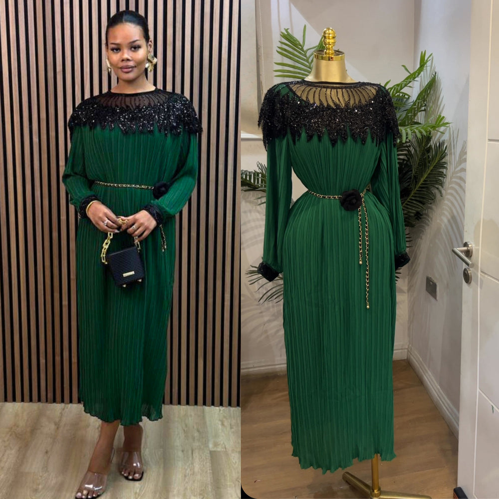Autumn european and american retro court style heavy sequin embroidered long pleated puff sleeve dress women's pleated skirt