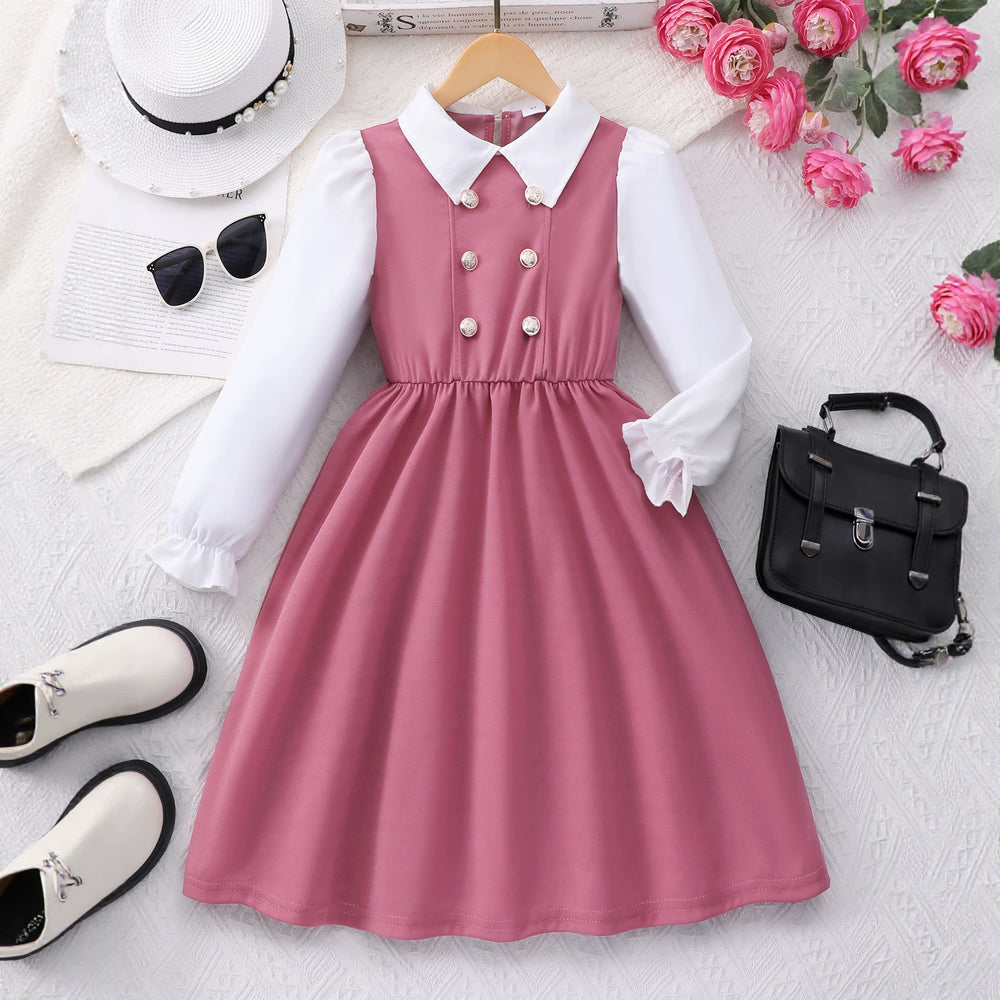 Girls' (mid-to-large size) dress, button-down collar, faux two-piece long sleeve dress
