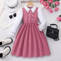 Girls' (mid-to-large size) dress, button-down collar, faux two-piece long sleeve dress