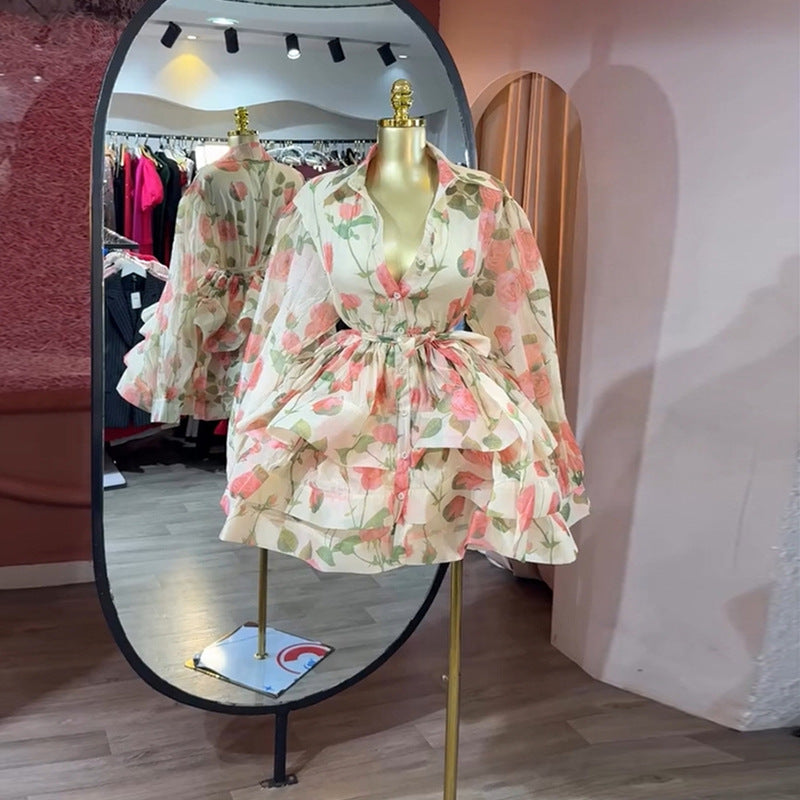 European and american cross-border women's fashion:  summer new arrival - fresh floral print, bow detail, cinched waist, ruffle hem, long sleeve dress