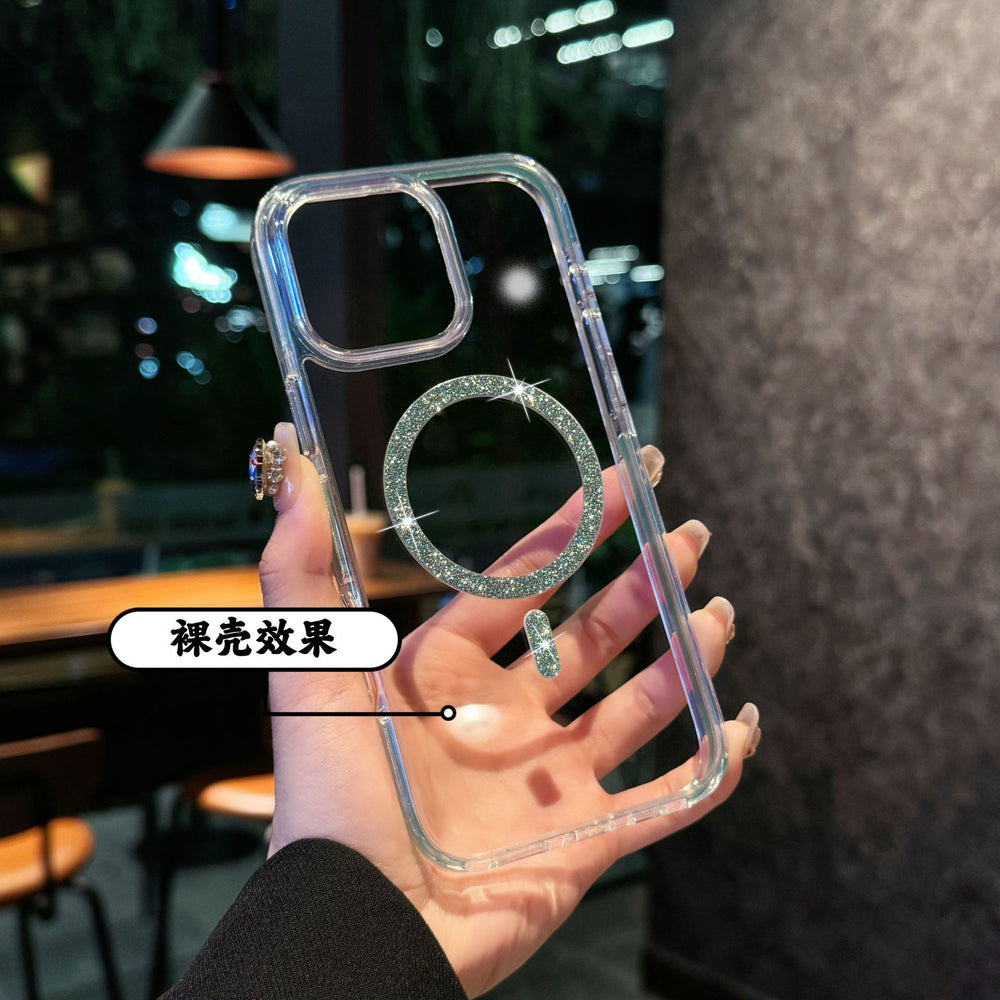 Crystal diamond high-transparency glitter magnetic iphone 17 pro max case, compatible with iphone 14 & 15, color block shockproof frame