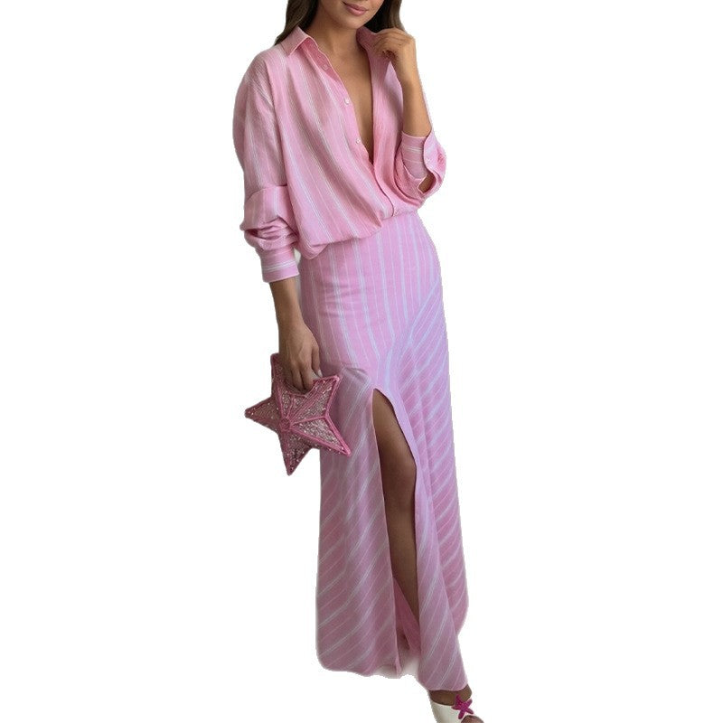 summer new women's clothing: cross-border european and american style fashion casual striped long-sleeve shirt dress set