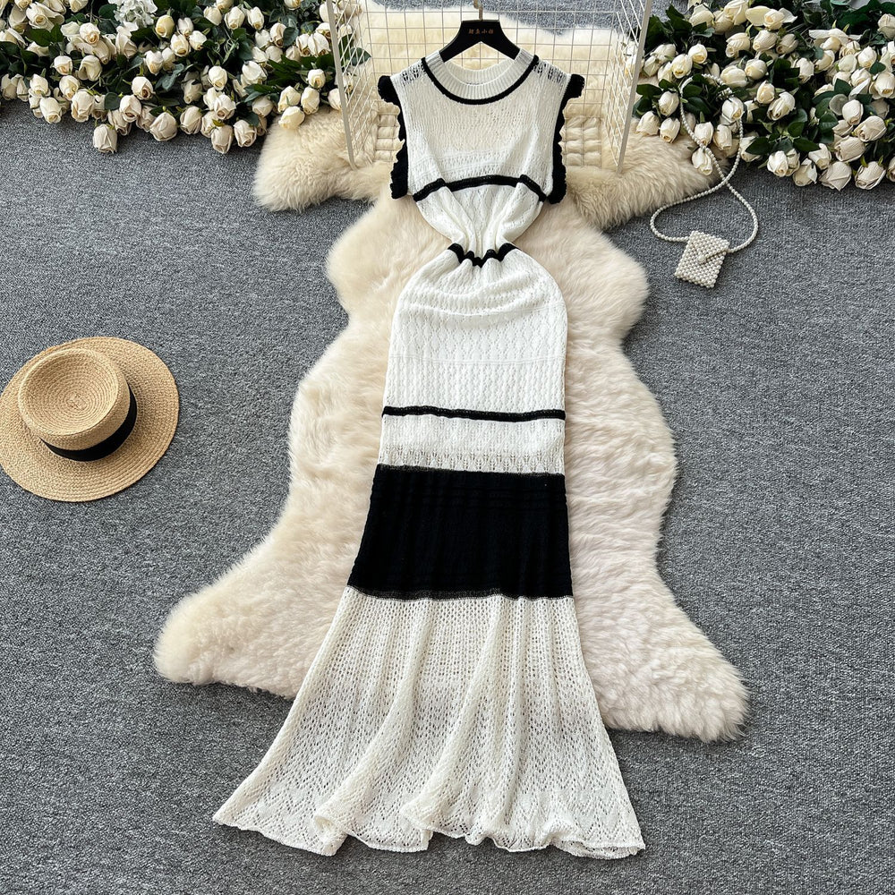 Korean style women's summer dress: soft & chic color block, flutter sleeves, cinched waist, slim fit, openwork crochet knit dress