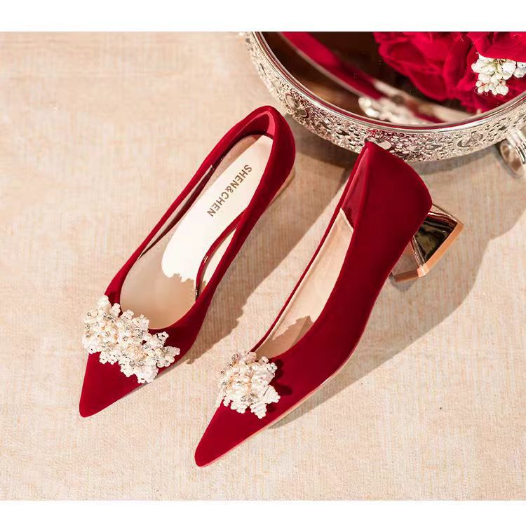 Red velvet wedding shoes bridal shoes low heel square heel pointed toe flats