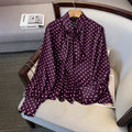 plus size retro polka dot ribbon tie blouse - bow collar, bubble sleeves, tummy control, versatile chiffon shirt