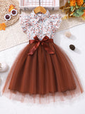 Girls' (toddler) dress, ruffle collar floral mesh dress with woven belt