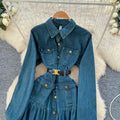 French retroelegancedress women's autumniche styleclassy light mature style strap waist metal buckle denim skirt