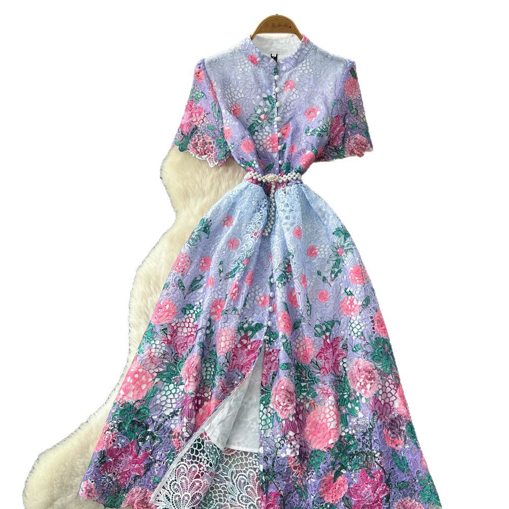 French-inspired vintage lace print dress for women, featuring a cutout design, high waist, cinched waist, a-line silhouette, and an elegant, sophisticated style