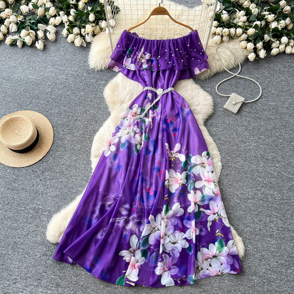 new women's summer sleeveless printed dress with pearl off-the-shoulder neckline, high-waisted a-line skirt, commute-friendly high street style