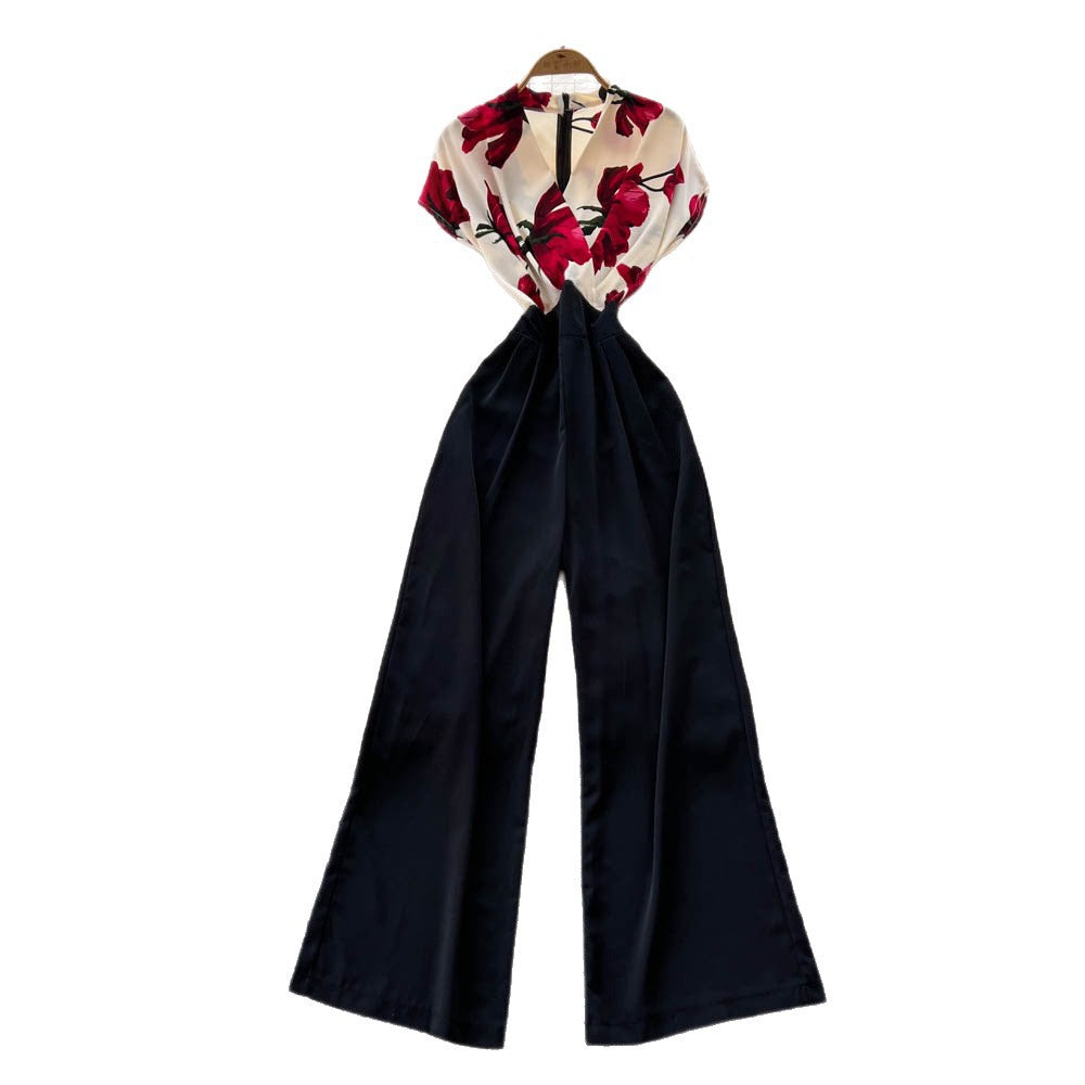 European and american style high-end criss-cross neck flutter sleeve jumpsuit - women's summer slimming wide-leg over-the-knee pants for a chic and powerful look