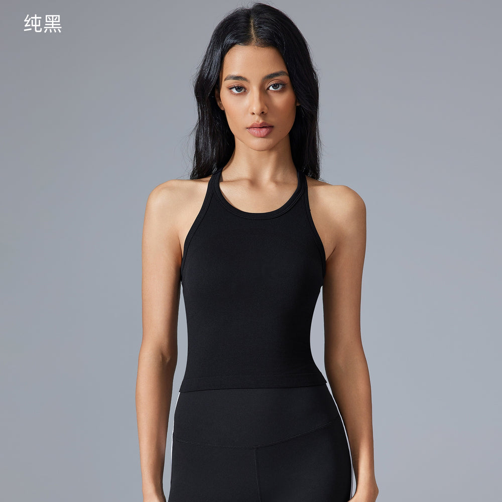 Short sleeveless yoga tops women's seamless all-in-one woven i-back moisture absorbent breathable fitness sports vest d25114