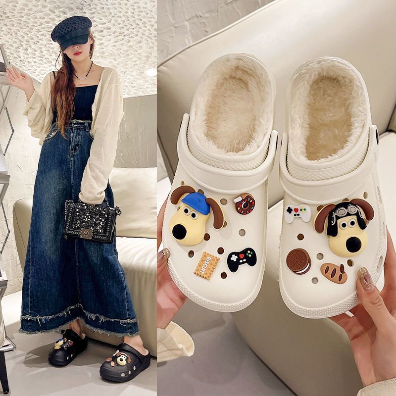 Detachable fleece-lined clogs for women, autumn/winter, girly high-heeled cute student anti-slip cotton slippers, fuzzy cotton shoes