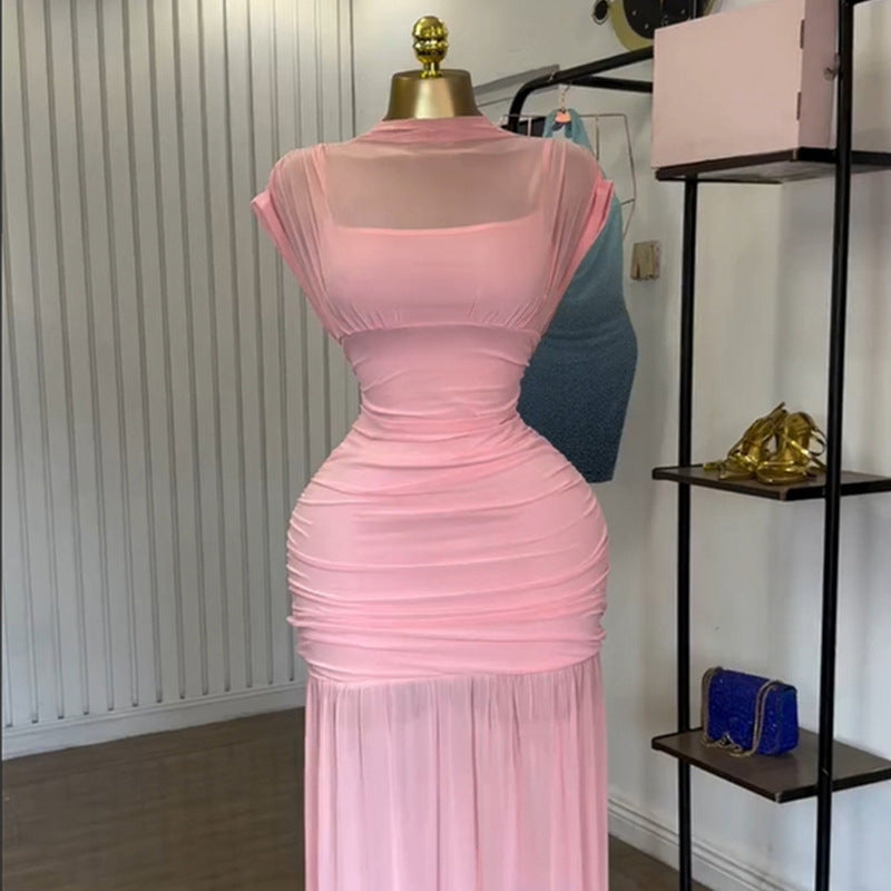European and american cross-border women's fashion:  summer new arrival - elegant pink semi-high neck ruched slim-fit midi dress