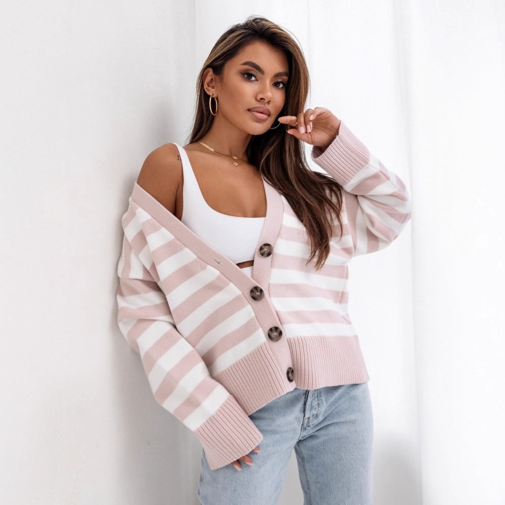Europe, America,  autumn and winter new striped threaded knitted cardigan women's casual lazy versatile women's sweater