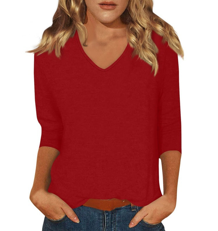 cross-border  women's everyday versatile casual v-neck solid color three-quarter sleeve t-shirt top