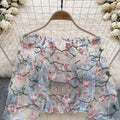 One shoulder mesh embroider see-through shirt for women summerloose outer wear puff sleeve short blouse long sleeves lace shirt