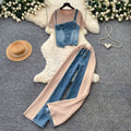 Hong kong style retropatchwork denim casualtwo-piece set for women summerslimming lookhigh waistwork clothing lazy stylesuit