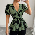 European and american cross-border women's summer  v-neck puff sleeve cinched waist printed design commuter blouse