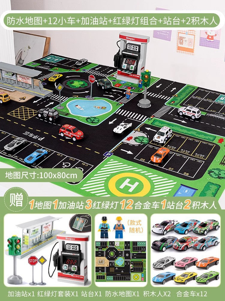 Kids' alloy pull-back car traffic map playset with crawling mat, parking garage, and inertia toys for boys