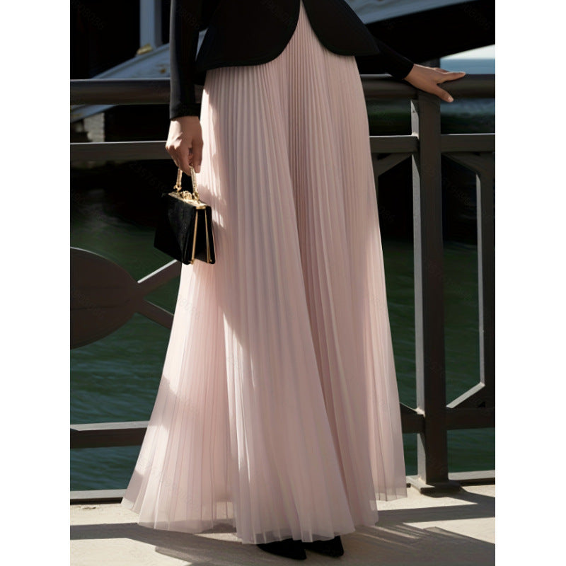 Women's spring/autumn new french elegant pleated mesh maxi skirt - perfect for dates, work, or outings