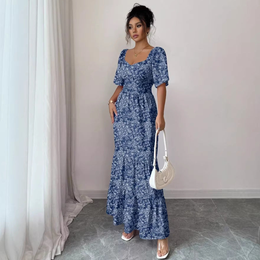 new cross-border bubble sleeve v-neck square neck summer dress