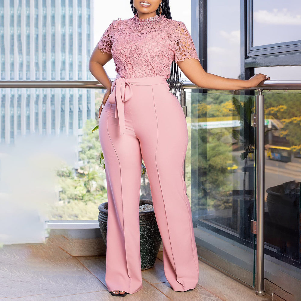 D509 european and american style  sexy lace trim cutout short sleeve tie-up high waist wide leg jumpsuit - wholesale