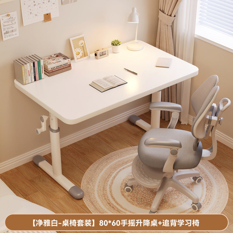 Hand-crank adjustable desk, thickened study table, bedroom study room complete computer desk set, adjustable wooden children's desk and chair set