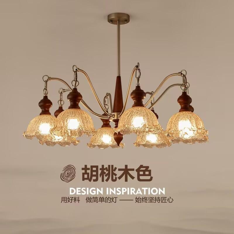 Walnut bedroom dining room light medieval living room Nanyang style French retro ice cracked glass multi-head chandelier