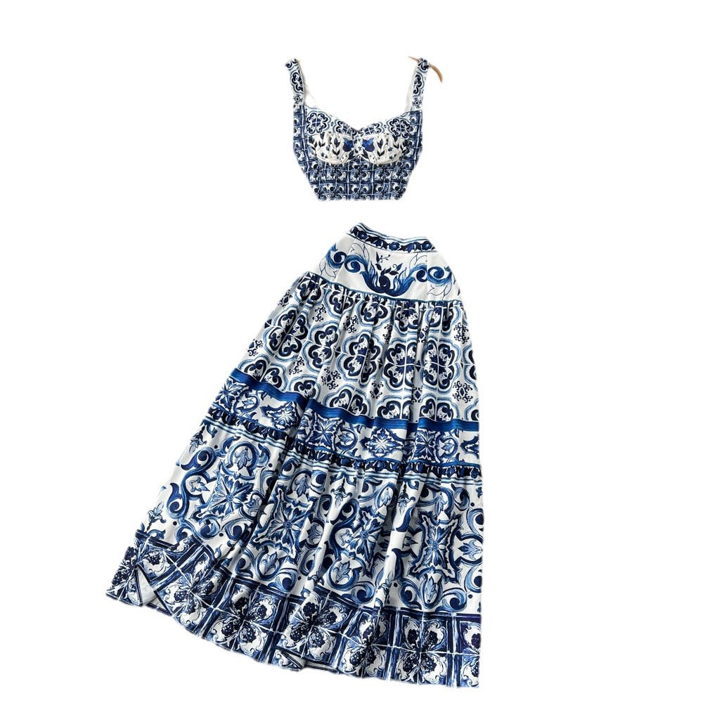 Summer blue and white porcelain print set for women: 3d padded bandeau top with straps + pleated midi skirt two-piece outfit