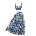 Summer blue and white porcelain print set for women: 3d padded bandeau top with straps + pleated midi skirt two-piece outfit