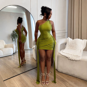 European and american style sleeveless tube top one-shoulder bag hip short skirt sexy hot girl long ribbon nightclub dress tight style elegant