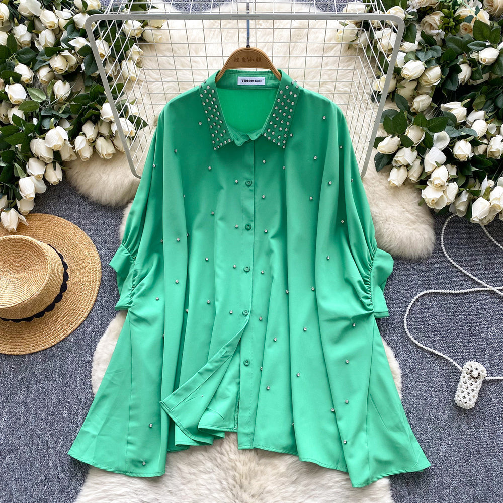 Relaxed and effortless style women's summer top - european fashion design, heavily embellished with rhinestones, single-breasted batwing sleeve blouse