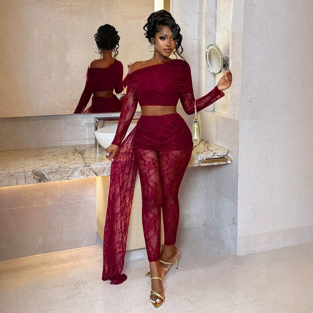 Sexylace oblique shoulder navel-baring tops high waist pleated streamer tights nightclub party sexysuit cross-border