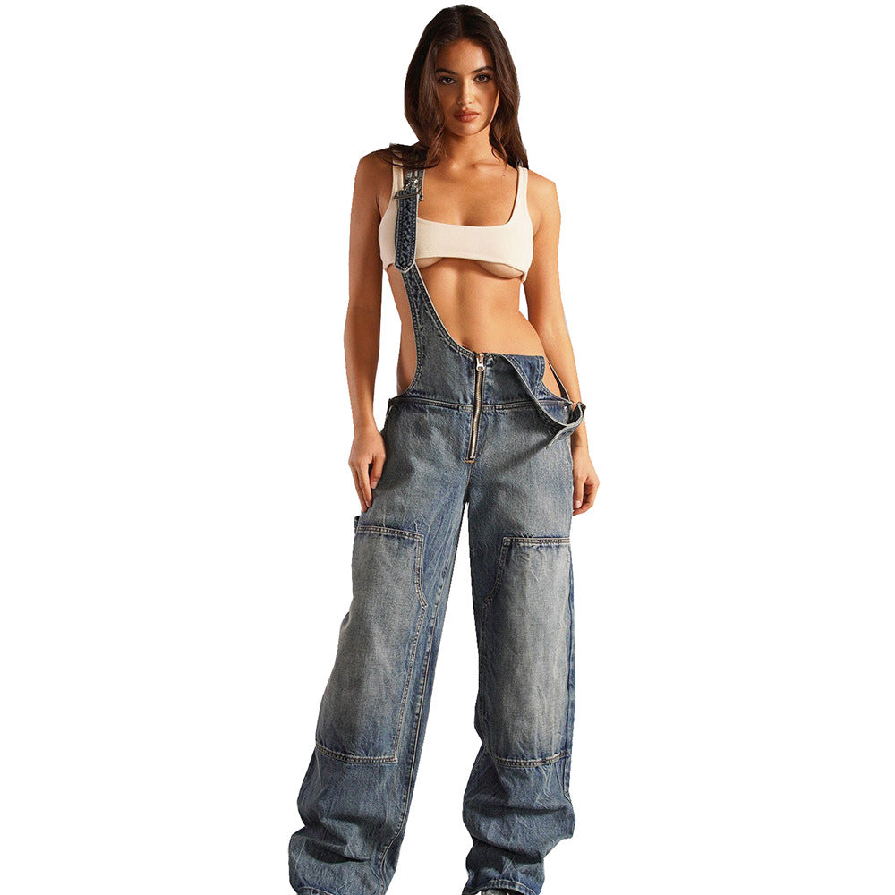 Women's denim jumpsuit -  cross-border women's fashion streetwear multi-pocket overalls - relaxed fit straight leg