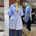 European and american cross-border women's fashion:  summer new arrival - stylish turn-down collar, single-breasted, striped, short-sleeve, mid-length shirt top