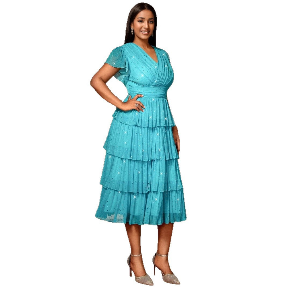 Plus size women's sexy v-neck sequin party dress - elegant, slim-fit, a-line evening gown