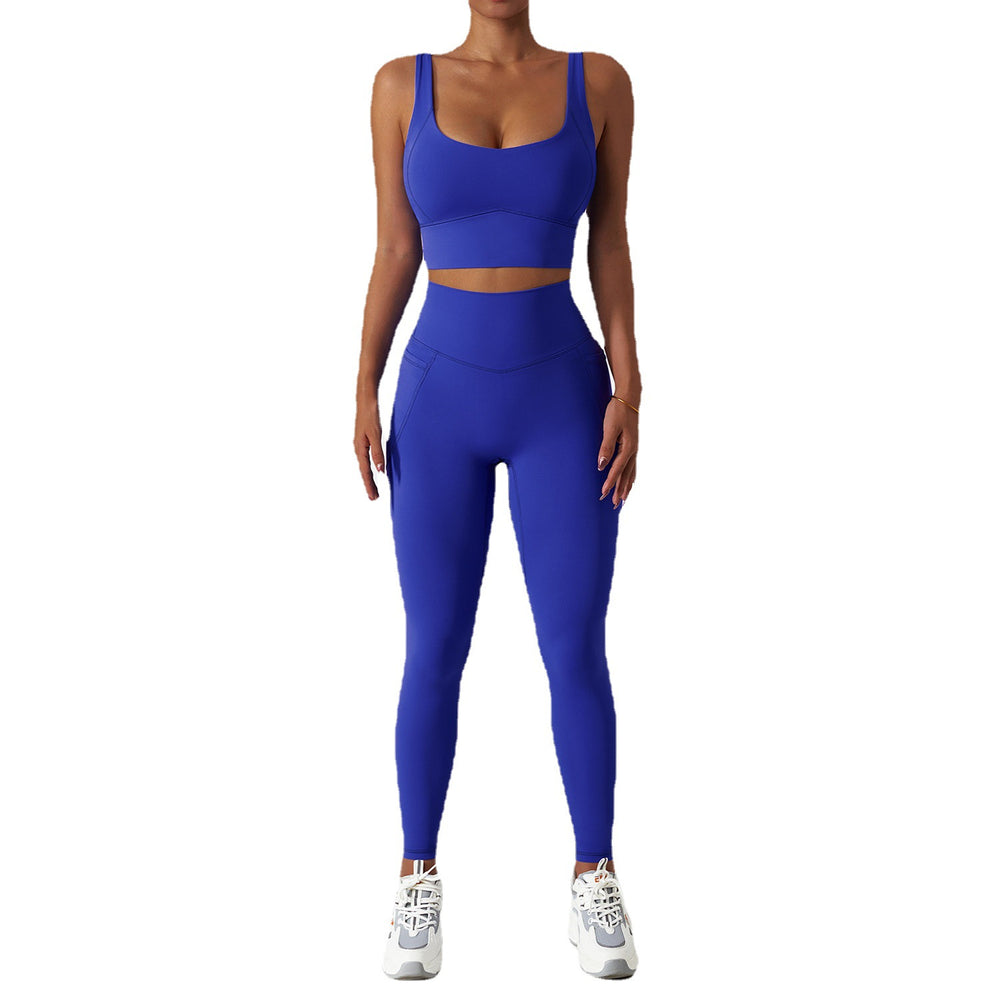 breathable quick-drying tight-fitting yoga clothes flap pocket pants running sports suit diagonal shoulder naked fitness suit6425