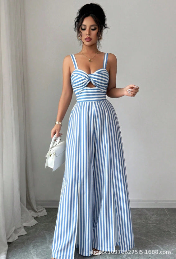 European and american cross-border women's fashion:  summer new arrivals - stylish casual striped cutout slim-fit open-back jumpsuit