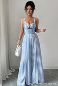 European and american cross-border women's fashion:  summer new arrivals - stylish casual striped cutout slim-fit open-back jumpsuit
