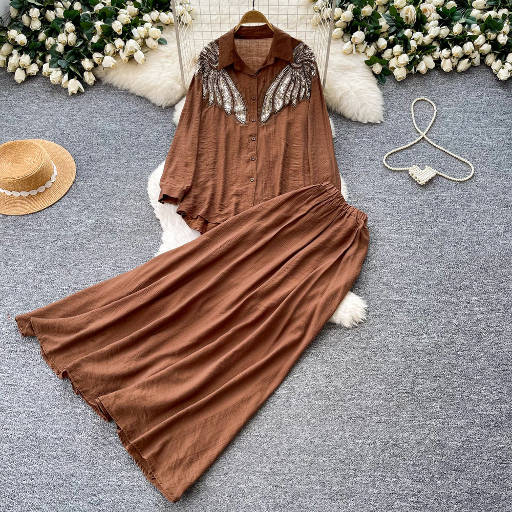 Gentle and lazy style heavy industry embroidered beads sequin lapel shirt skirt two-piece set for women autumslimming lookelegant