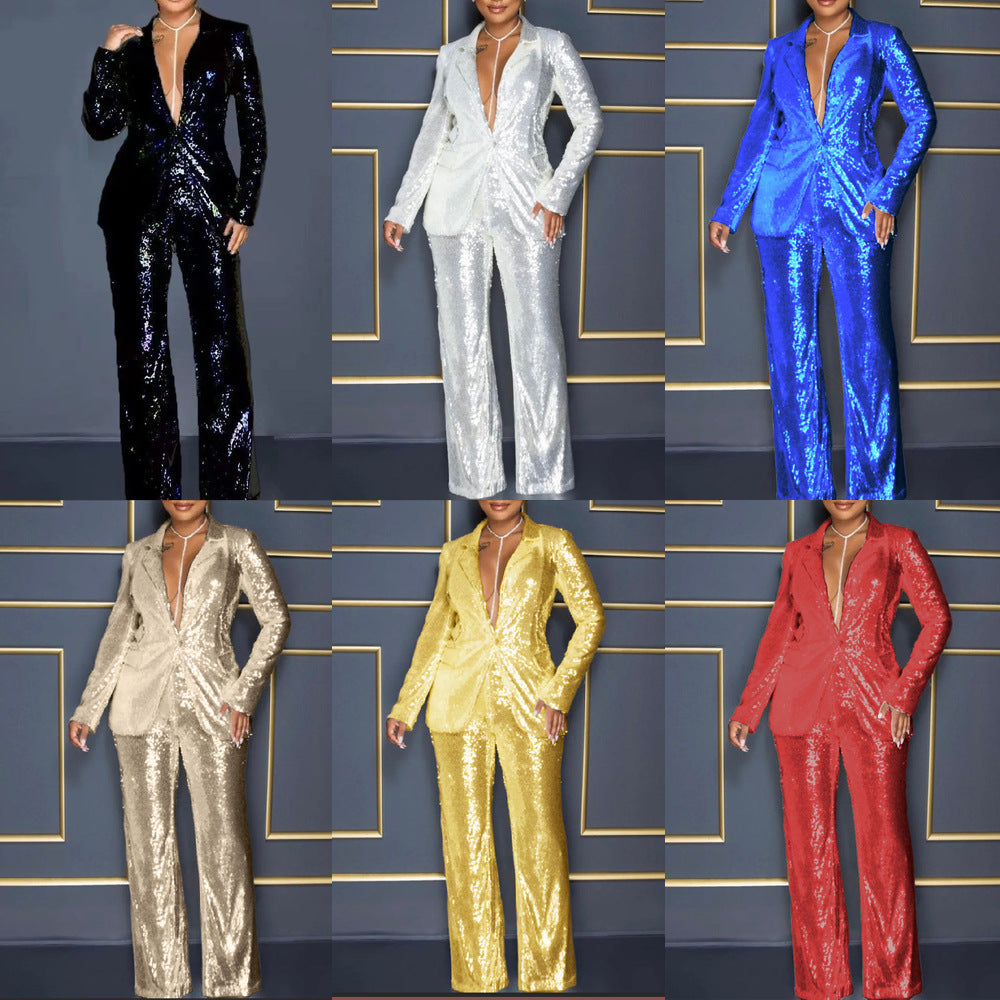 summer cross-border jumpsuit: new european and american style  women's long-sleeve v-neck sequin jumpsuit two-piece set