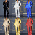 summer cross-border jumpsuit: new european and american style  women's long-sleeve v-neck sequin jumpsuit two-piece set